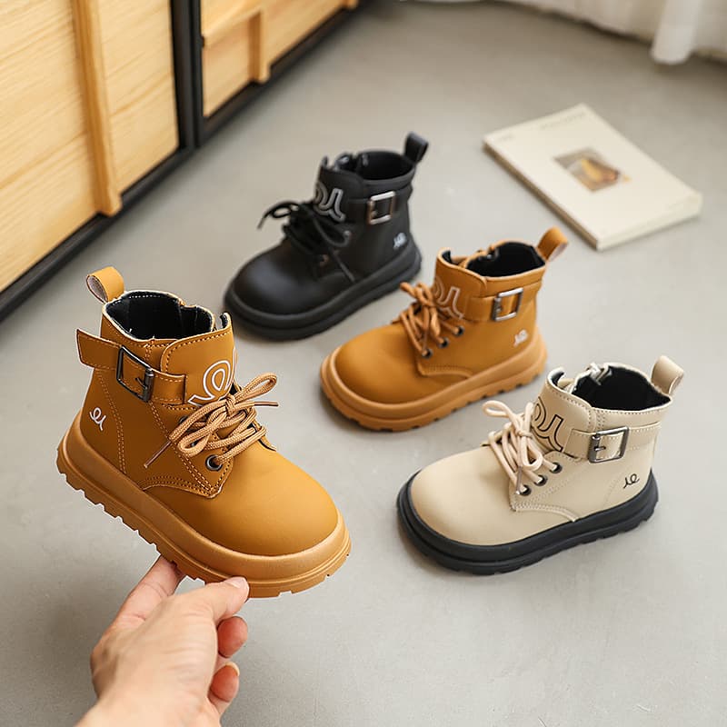Children's Martin boots autumn and winter style boys' thick-soled workwear small yellow boots side zipper children's shoes British style boys' solid color boots