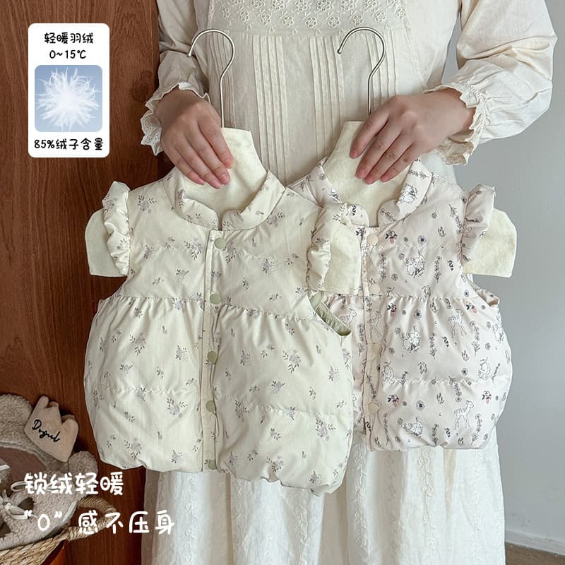 Girls Down Vest Autumn Winter Floral Print Sleeveless Down Jacket Thick Warm Infant Outdoor Wear Class A