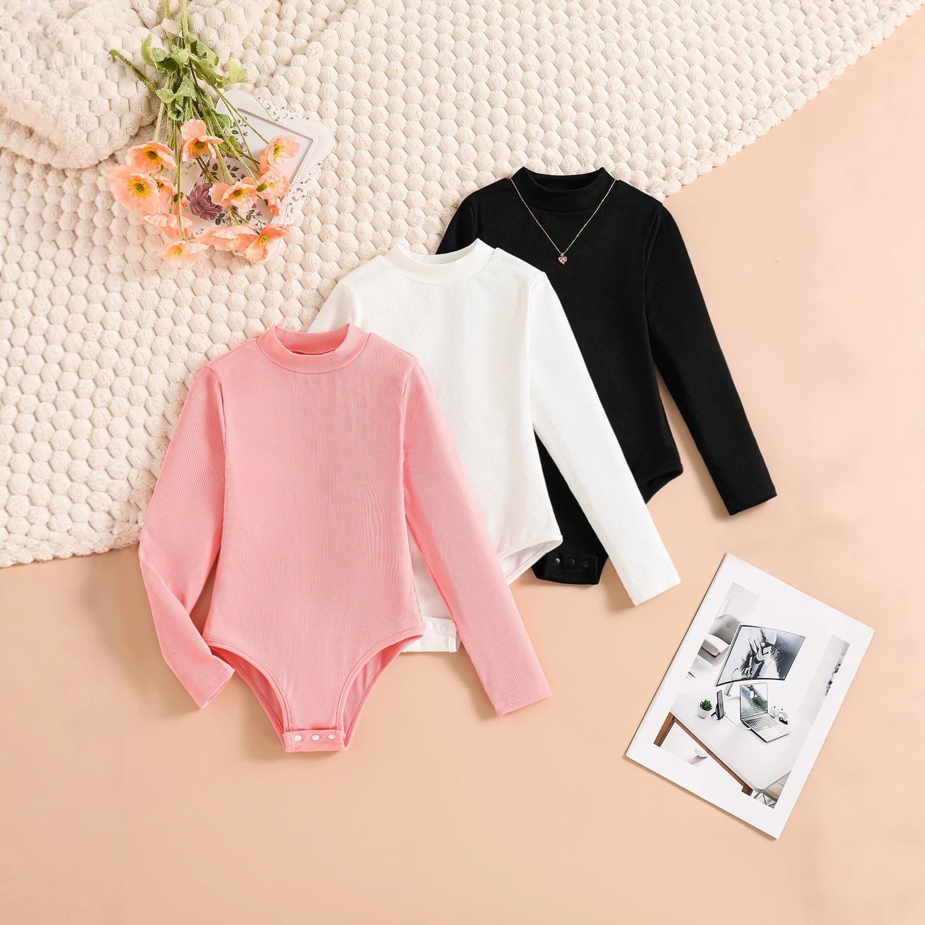 Children's Spring/Autumn Casual Ribbed Knit Bodysuit, Round Neck, Long Sleeve, Snap Crotch, Stretchy Skin-Friendly Solid Color, 3-Pack