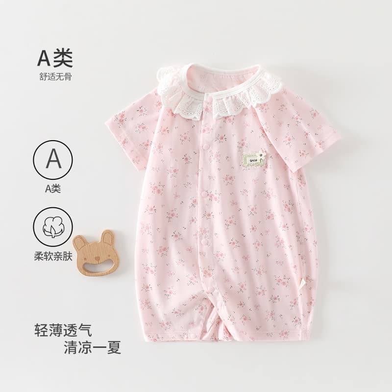 Baby Summer Thin A-Class Short-Sleeve Bodysuit for Girls, Princess Sweet Lace Trim