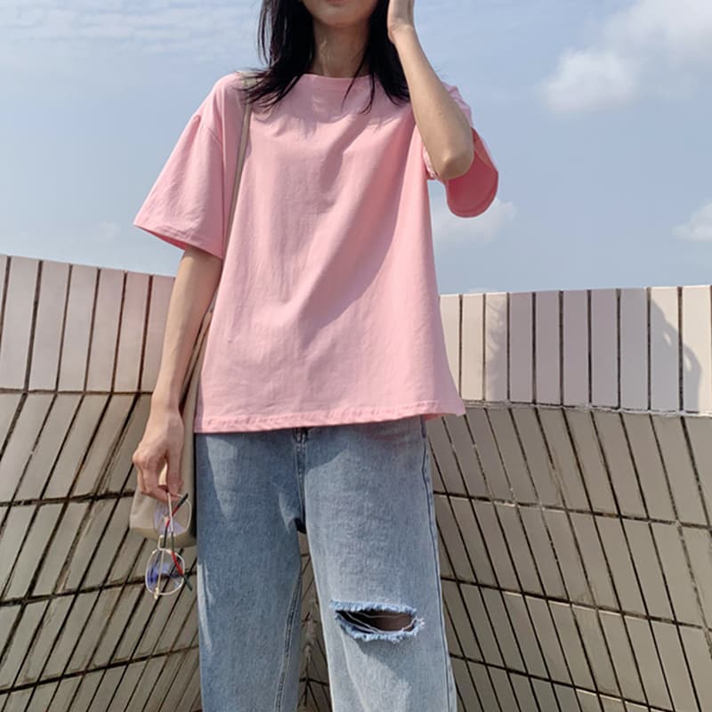 Simple Casual Pink T-Shirt for Women, Loose Fit Student Short Sleeve Summer Cotton Versatile Style Ins Solid Color Top