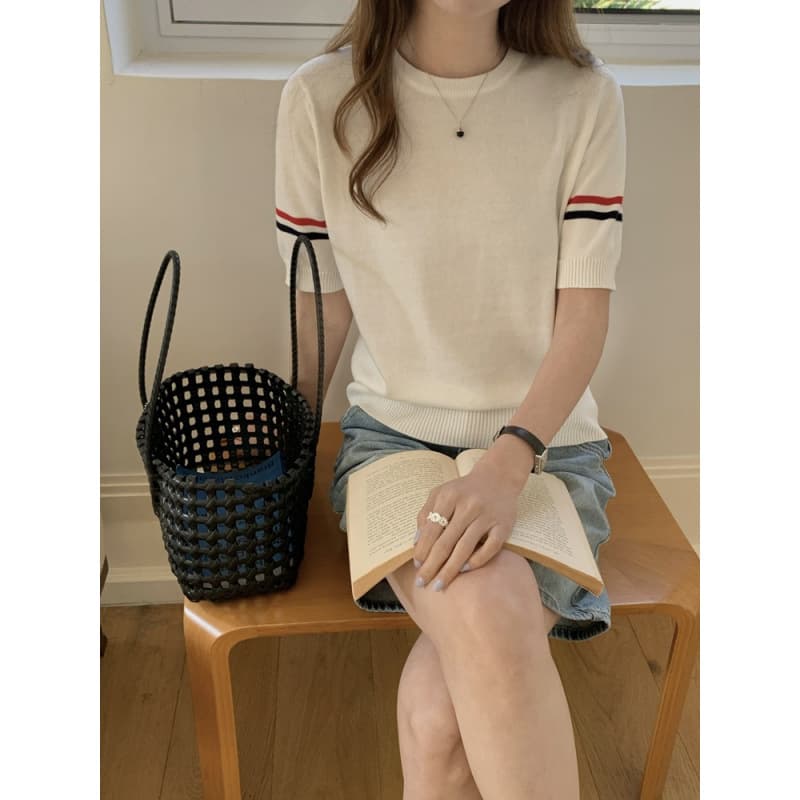 Pure Cotton Double Sleeve Color Stripe Round Neck Short Sleeve T-Shirt Summer New College Style Knit Base Layer Top Color Block Inner Wear