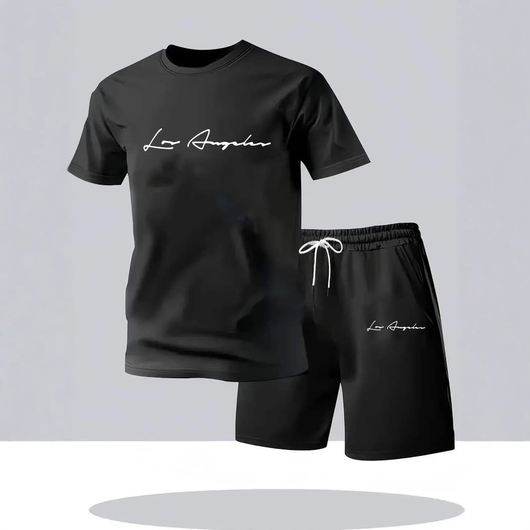 Summer European and American Cross-Border Fitness Set Round Neck T-Shirt Men's Casual Plus-Size Sports Suit Men's in Stock