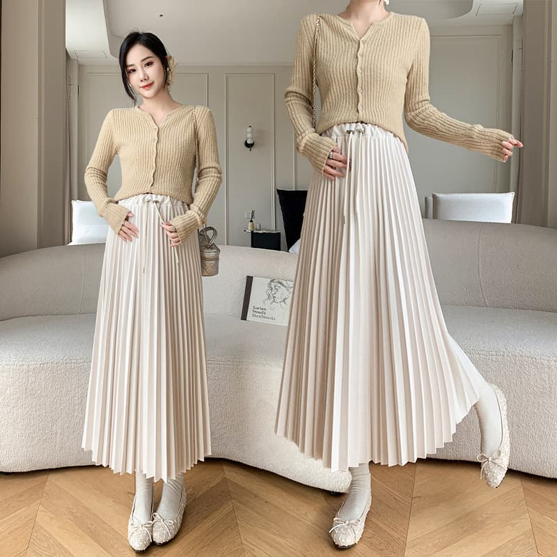 Maternity Retro One-Piece Waist Wool Blend Pleated A-Line Midi Skirt, Autumn New Casual Style without Belly Support