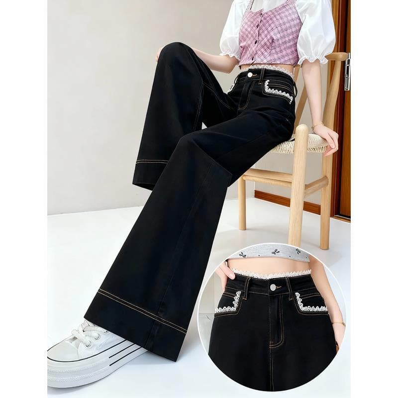 Black Wide-Leg Denim Pants for Women Fall/Winter 2025 New Style, High-Waist Lace Detail, Flattering for Pear-Shaped and Curvy Figures