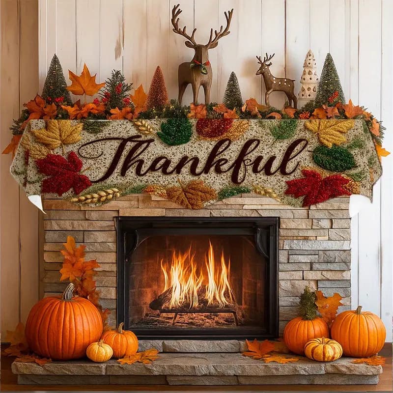 Black and Orange Halloween Fireplace Scarf with Pumpkin Lanterns, Bats, and Spiders for Christmas and Halloween Decor
