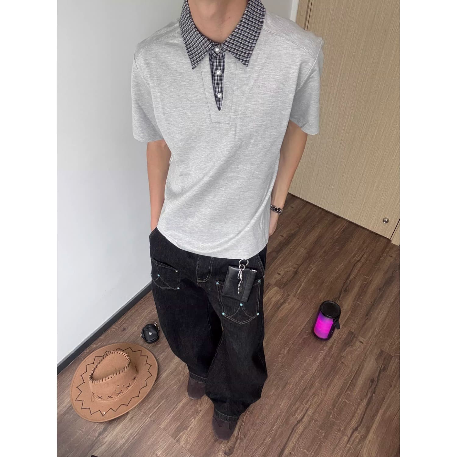 Versatile Youth Old Money Style Plaid Turn-Down Collar Minimalist Contrast Polo Shirt for Men and Women, Fake Two-Layer Short Sleeve T-Shirt