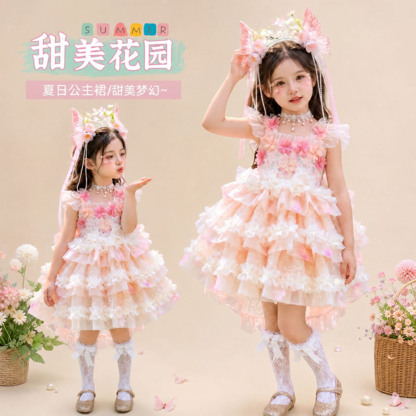 Girls' Summer Princess Fairy Flower Tulle Lolita Dress Heavy-Duty Cake Skirt Fairy Birthday Gown