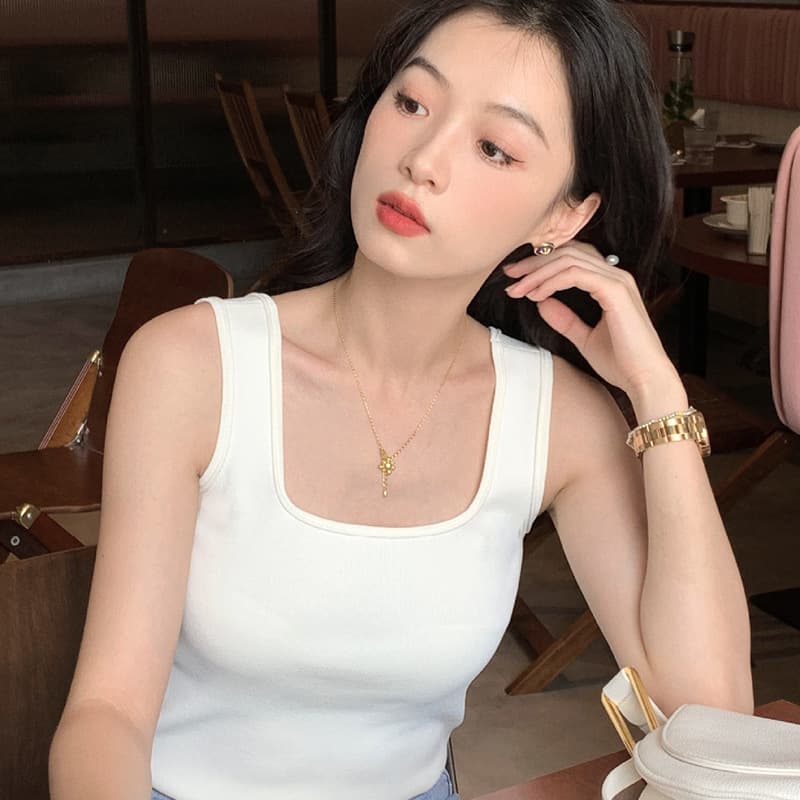 14-pin high quality Cool Beauty Back Square Collar Sleeveless Knitted Vest Women's Summer Slim-fit Camisole Top for Outer Wear
