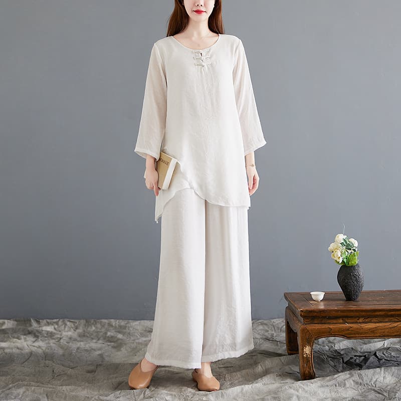 Drop Shipping 2025 Spring New Retro Ethnic Style Cotton Linen Zen Tea Dress Zen Dance Wear Long Sleeve Yoga Suit Set