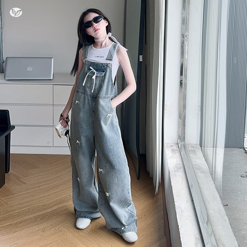 Girls' Overalls 2025 Summer New Style for Older Children, Cute Bow Straight-Leg Pants, Versatile Wide-Leg Pants, Long Pants