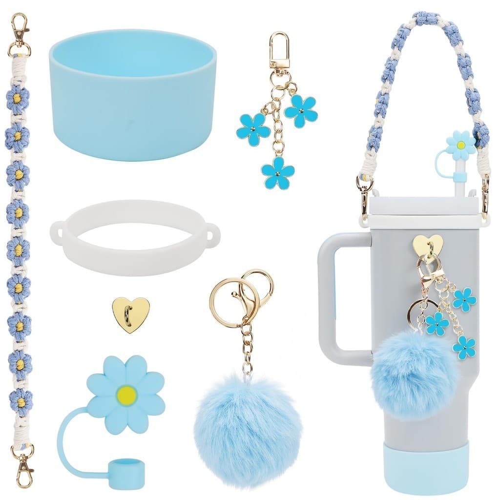 Cross-border Stanley Cup Colorful Decorative Woven Flower Cup Chain Plush Pendant Flower Ornament Cup Sleeve Straw Cap