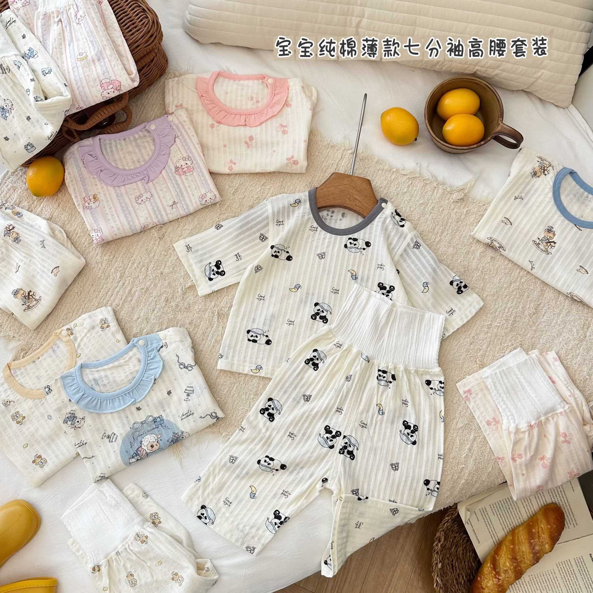 YM2852 Baby Pajamas Pure Cotton Thin Children's Loungewear Seven-Quarter Sleeve Air-Conditioned Outfit High-Waist Two-Piece Set