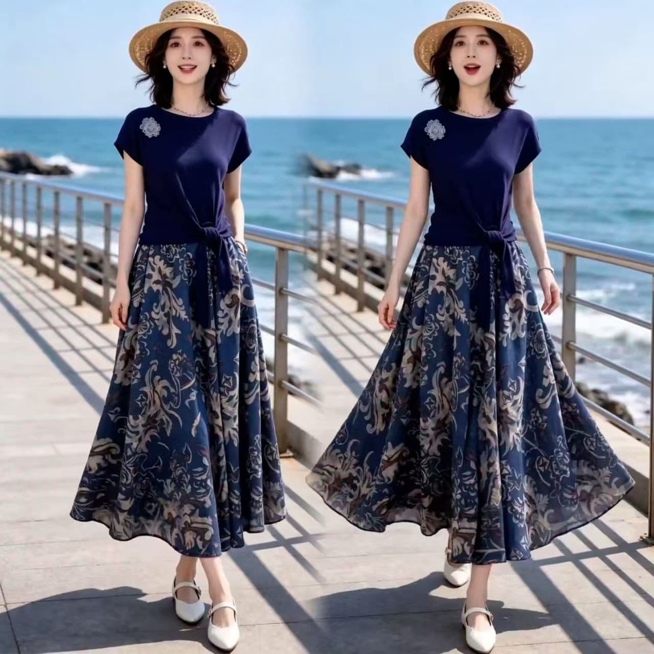 Bulk Order French Light Luxury Elegant Floral Short-Sleeve Blue and White Porcelain Flared Skirt Set for Women 2026 Summer Style Slimming