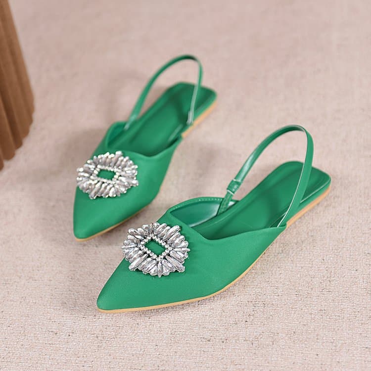 Flat Pointed Rhinestone Sandals for Women, New Bow-Toe Velvet Flat Heel Open-Back Single Shoes