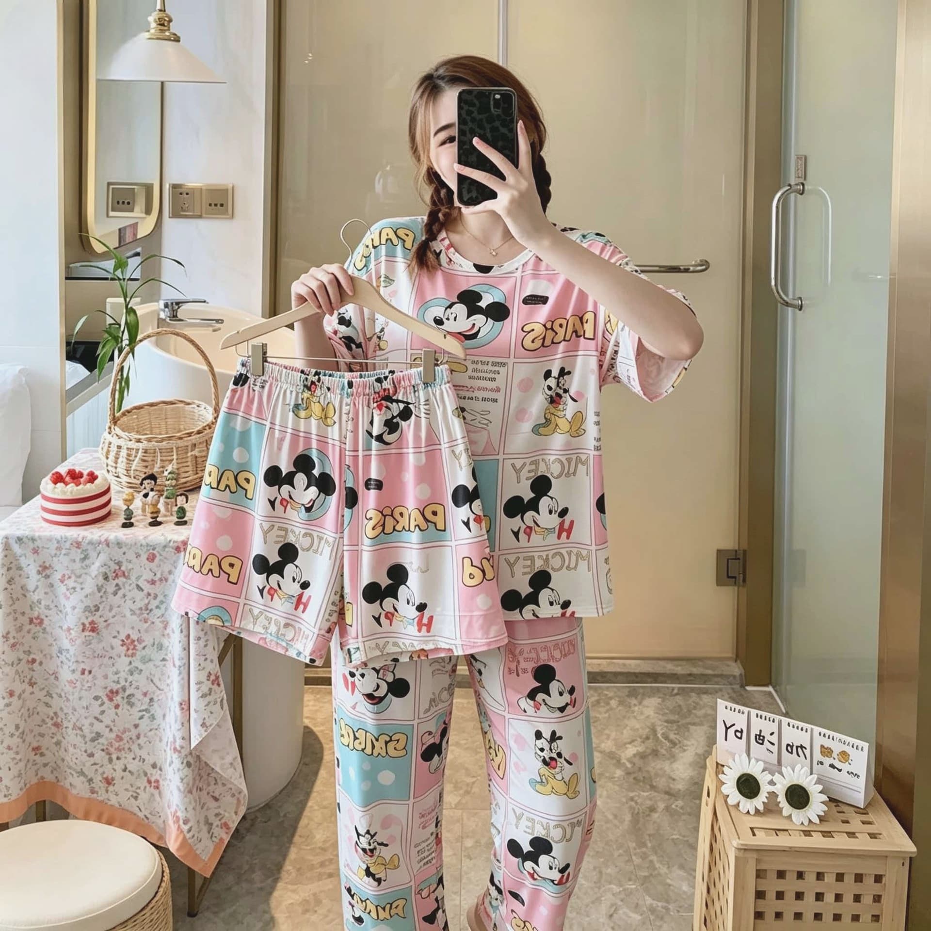 Cross-border Spring, Summer, and Autumn Long Pants Short-Sleeved Pajamas Loose Three-Piece Set Cute Large Size Cartoon Foreign Trade Women's Homewear