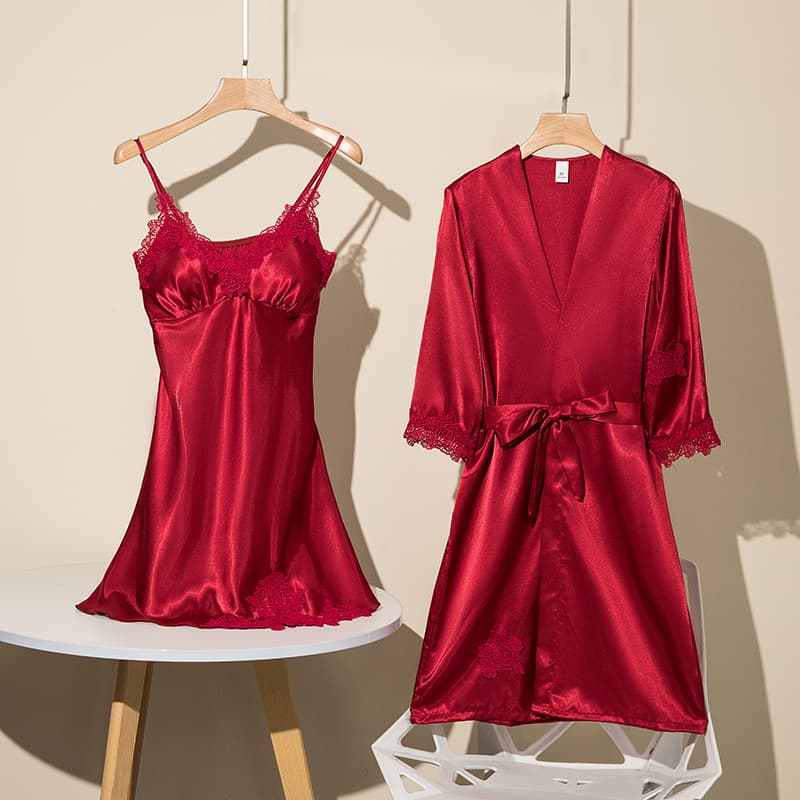 Ice Silk Sleepwear Women's Sexy Two-Piece Set with Chest Pad Summer Thin Polyester V-Neck Home Use Bathrobe Sexy Style
