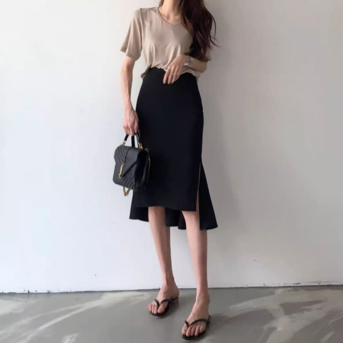 Irregular Mermaid Hem Design Skirt, Trendy Slimming High-Waist A-Line Bodycon Black Skirt for Women, Stretchy