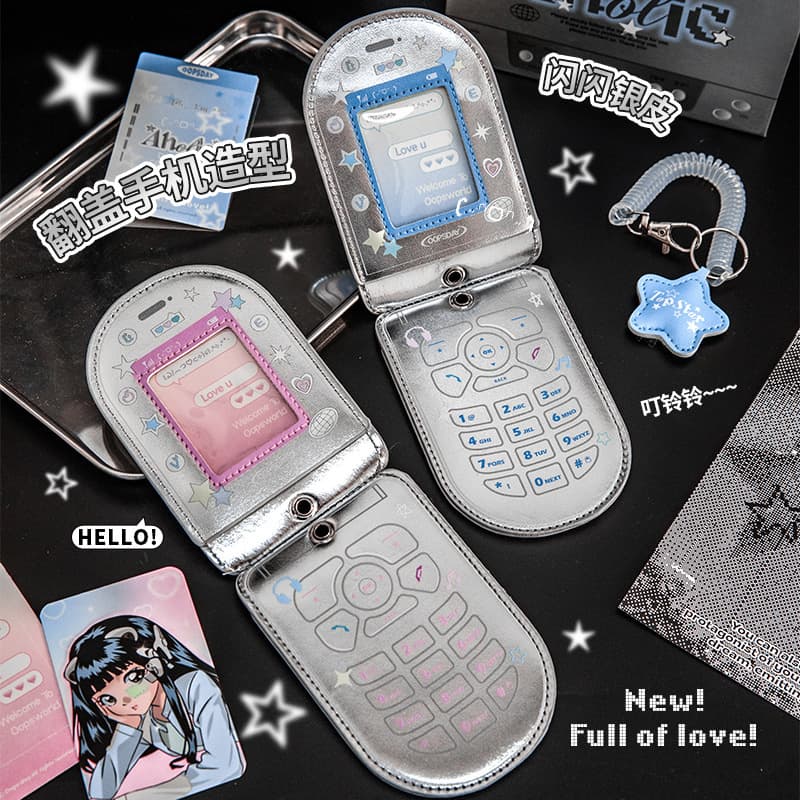 Rosyposy Flip Phone Pouch Case Silver Leather with Window Display File Sleeve Student Celebrity Fan Protector