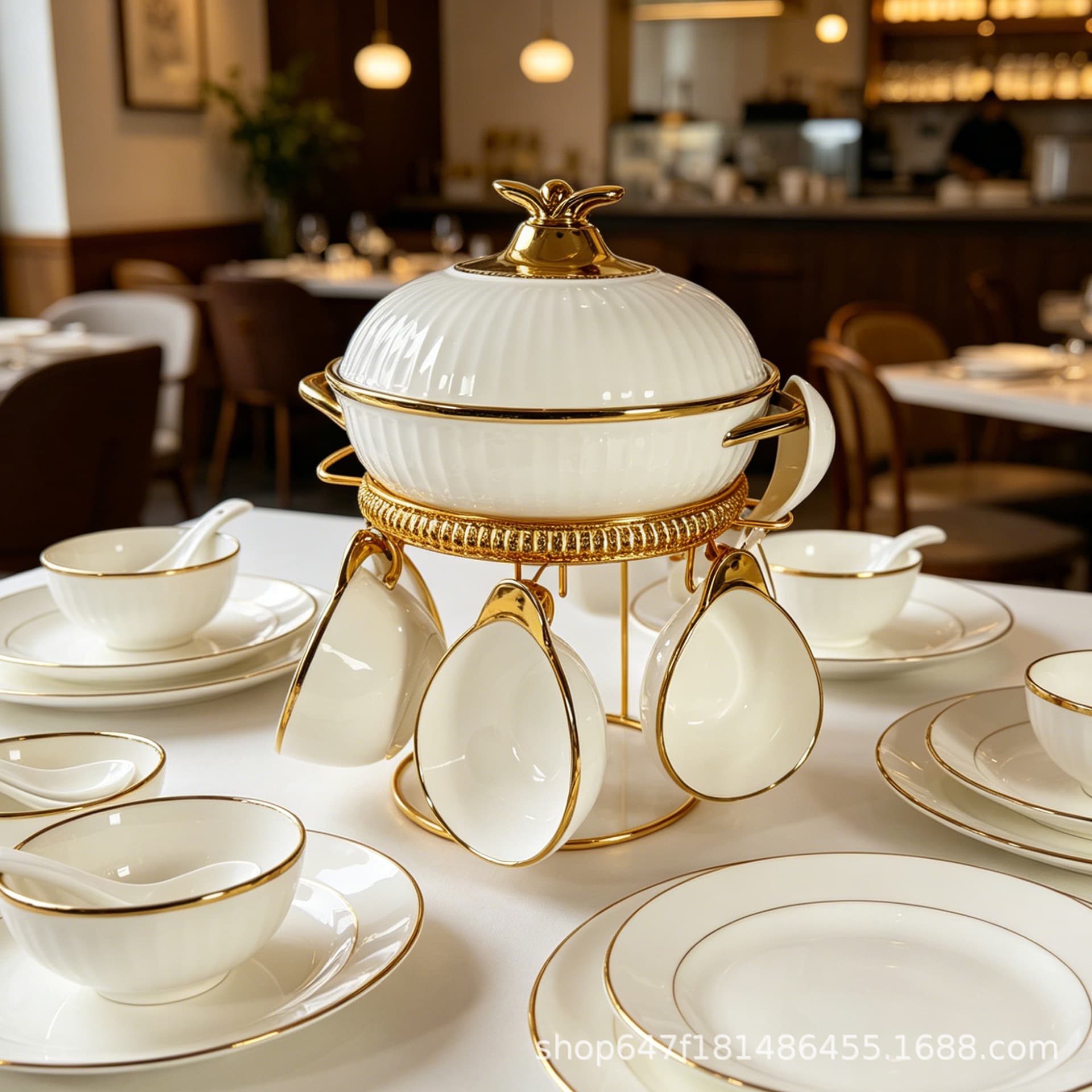 Bowl Set, Double-handle Striped Ceramic Soup Pot Set, Gold Rim Creative Lidded Ceramic Home Dinnerware Set