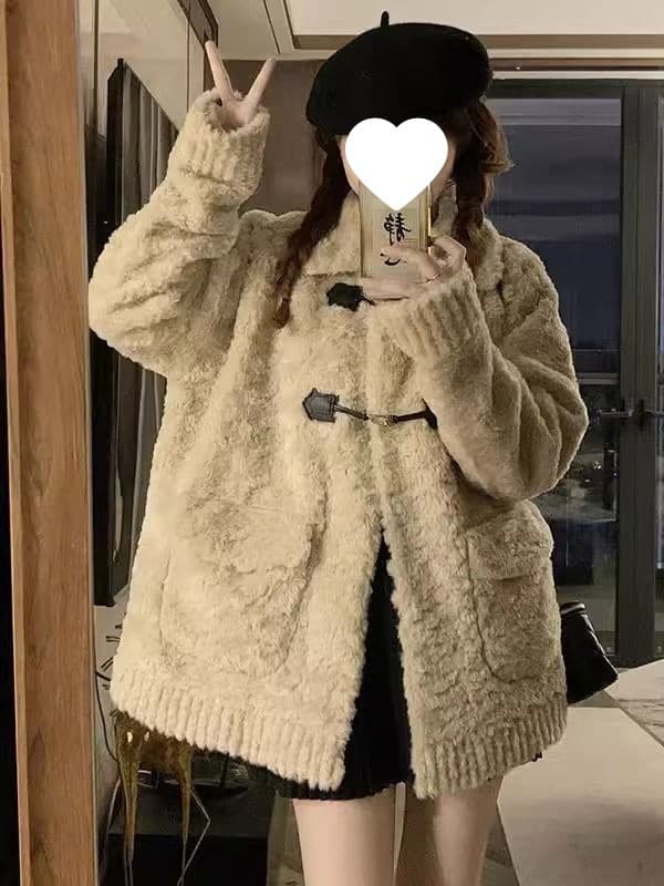 Plus Size Coat!!! [Fits up to XXL] Gentle Style Fleece-Lined Thick Button Design Student Lamb Wool Coat