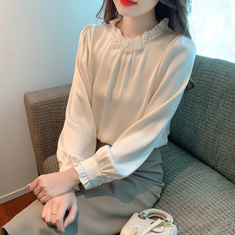 Ni 1325 French stand-up collar imitation silk shirt women's long-sleeved 2025 spring and autumn new style design temperament and style top