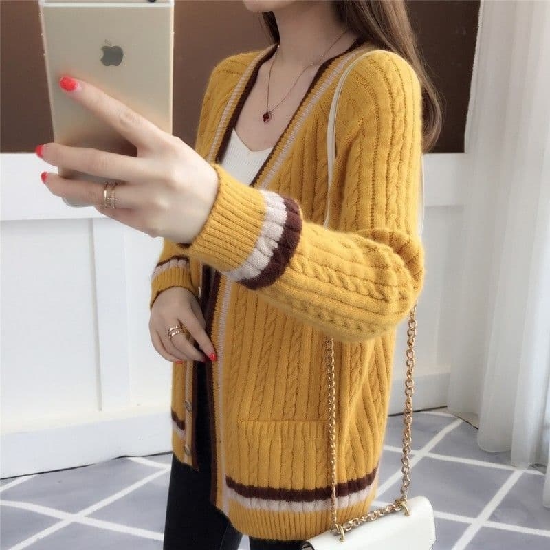 Women's cardigan cardigan, spring and autumn style, Korean style, early spring new women's clothing cable knit sweater thin collar top