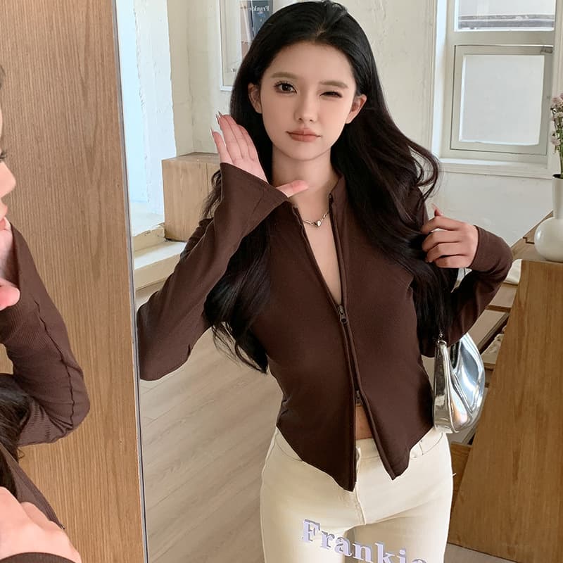 H823 Premium Ribbed Stand Collar Double Zipper Jacket Women's Spring Autumn Knit Cardigan Slim Fit Versatile Short Long Sleeve Top