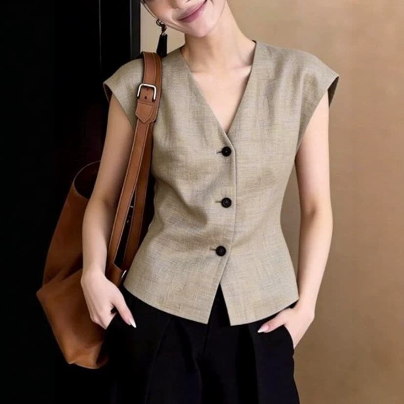 High-End Chic Khaki Vest Blouse for Women Summer New Arrival Professional Elegant Commute Sleeveless Top