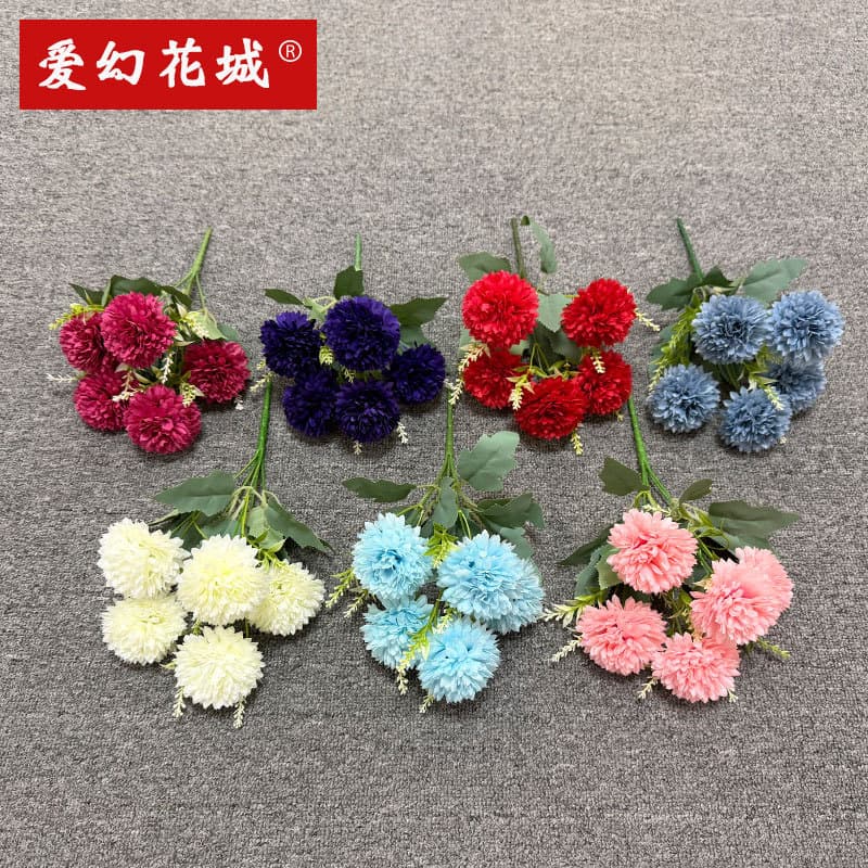 Simulated flower 5-head ball chrysanthemum small handful fake flowers home chrysanthemum dandelion props wedding decoration ornaments small fake flowers