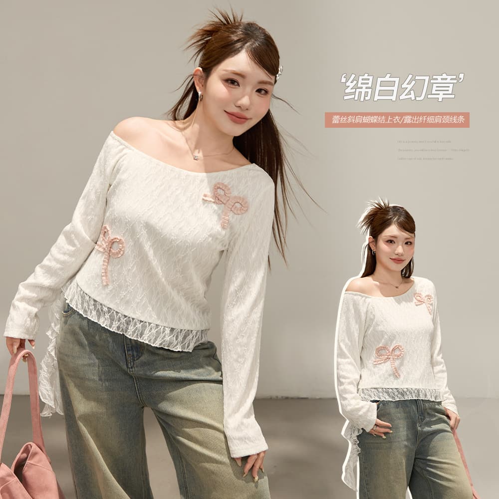 Korean style off-shoulder design bow ribbon knit top for plus-size women, slimming top, 66028