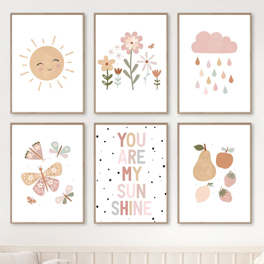 Pink Fresh Floral Weather Sun Rainbow Girl Children's Bedroom Poster Canvas Decorative Print