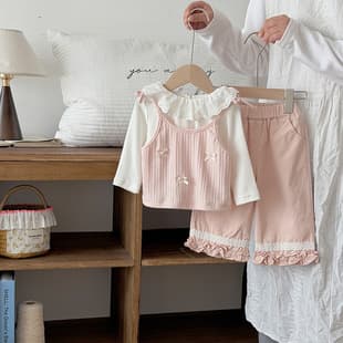 Baby Spring Autumn Clothes Girl Fashionable Baby Top Pants Suspenders Three-Piece Set Outing Wear
