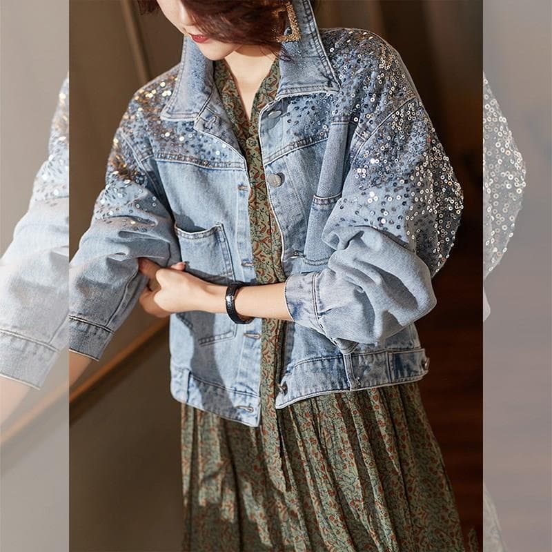 Fashion sequined denim jacket for women 2025 new short coat short autumn wear small slim top Korean version