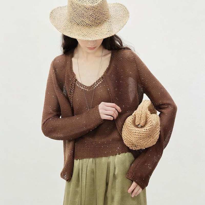 Direct Sale Sheer Mermaid Sequin Hollow Linen Handmade Crochet Cardigan + Camisole Knit Two-Piece Set
