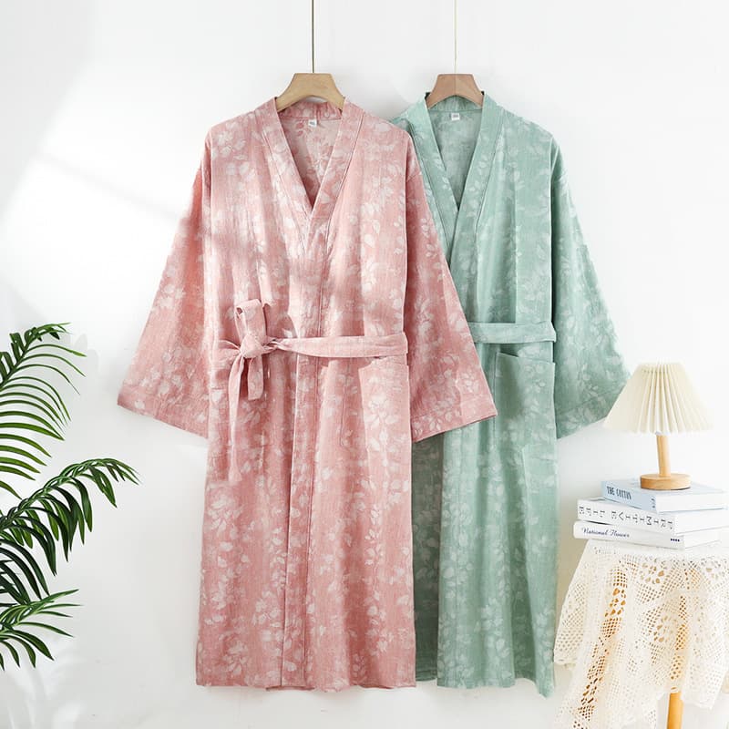Japanese Women's Pajamas Spring Summer New Jacquard Bathrobe Cotton Sweat-Absorbing Bathrobe Japanese Cotton Linen Kimono Robe Short Sleeve