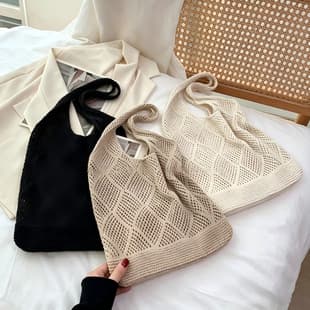 Korean Style Hollow Knit Tote Bag 2026 New Lightweight Knitted Shoulder Bag for Women, Commuter Crossbody Bag