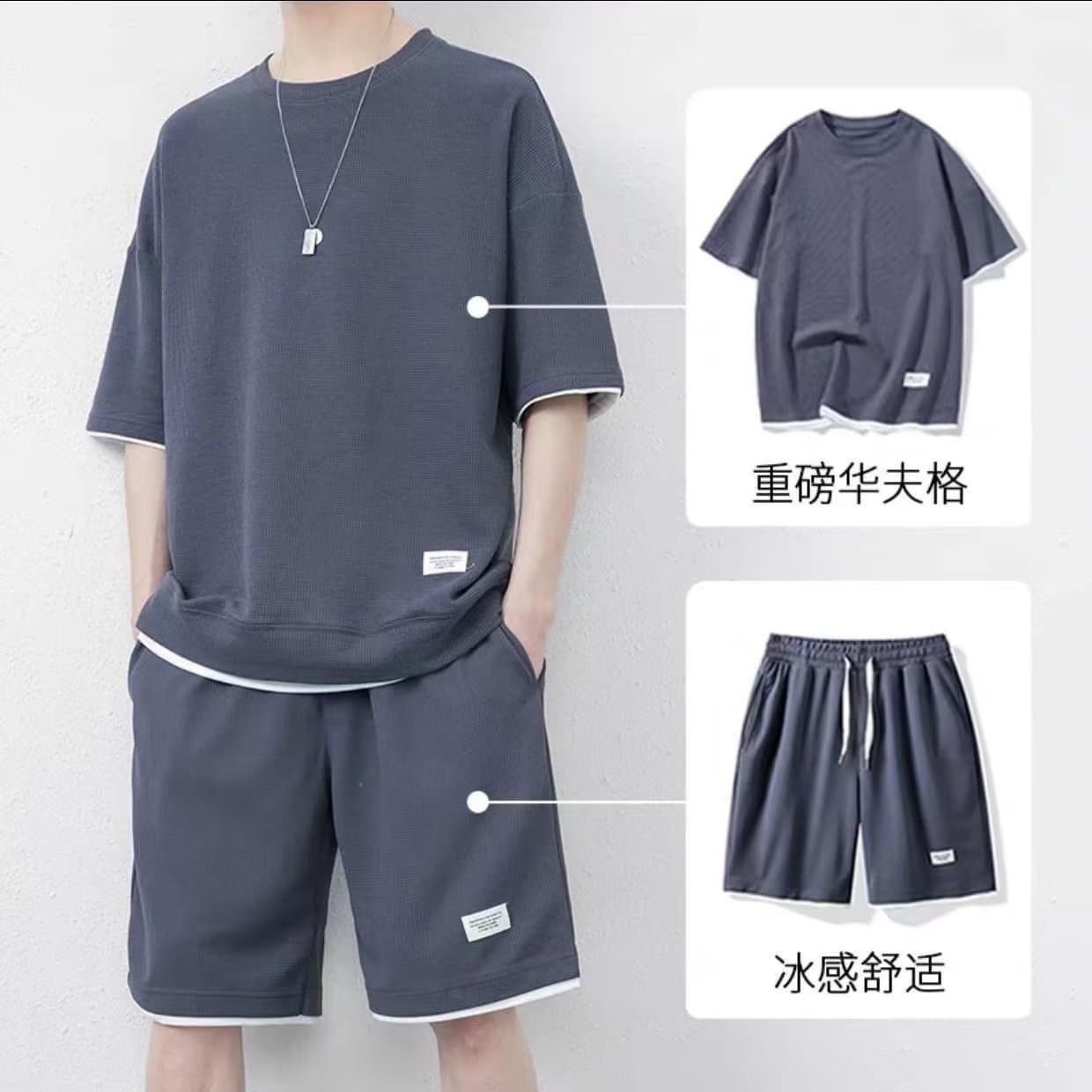 Waffle Summer Round Neck T-Shirt and Shorts Two-Piece Men's Set, Comfortable Thin Fake Two-Piece Short Sleeve Suit for Men