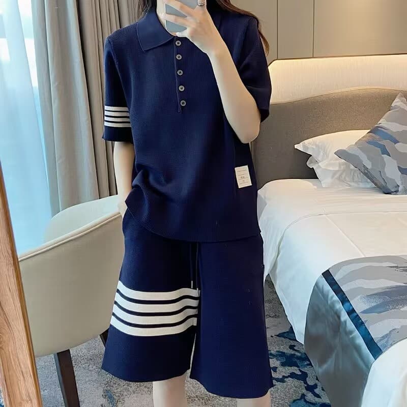 Waffle Knit Casual Sportswear Set for Women, Summer New Polo Collar Short Sleeve Loose Shorts Two-Piece Set