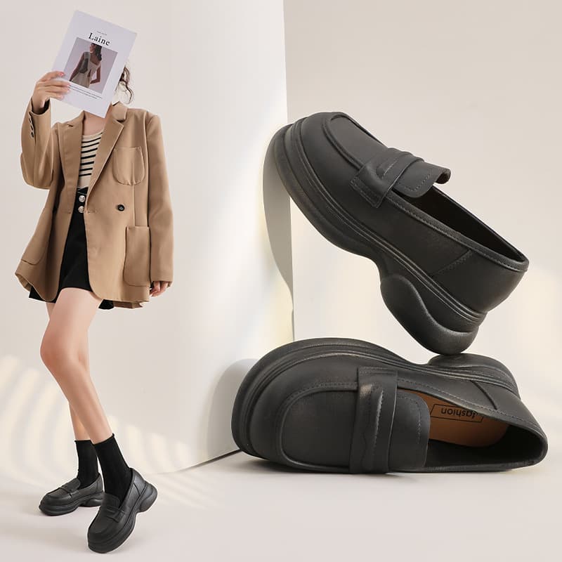 2024 Autumn New Chunky Heel Loafers for Women, Thick Heel Anti-Slip Height-Increasing College British Style Flat Shoes, Waterproof Soft Sole