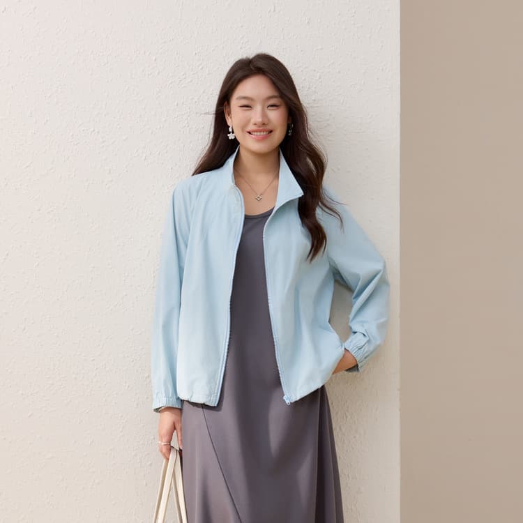 [Stand Collar Sporty Jacket] Slim & Lily Plus Size Women's Simple Casual Cardigan for Curvy Women, 2026 Summer New Arrival
