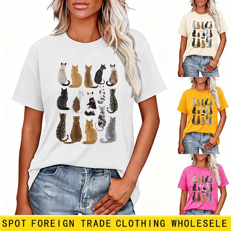 Amazon Wish Independent Station Casual Comfortable Fun Women's New Round Neck Cat Back Short Sleeve T-Shirt Base Layer