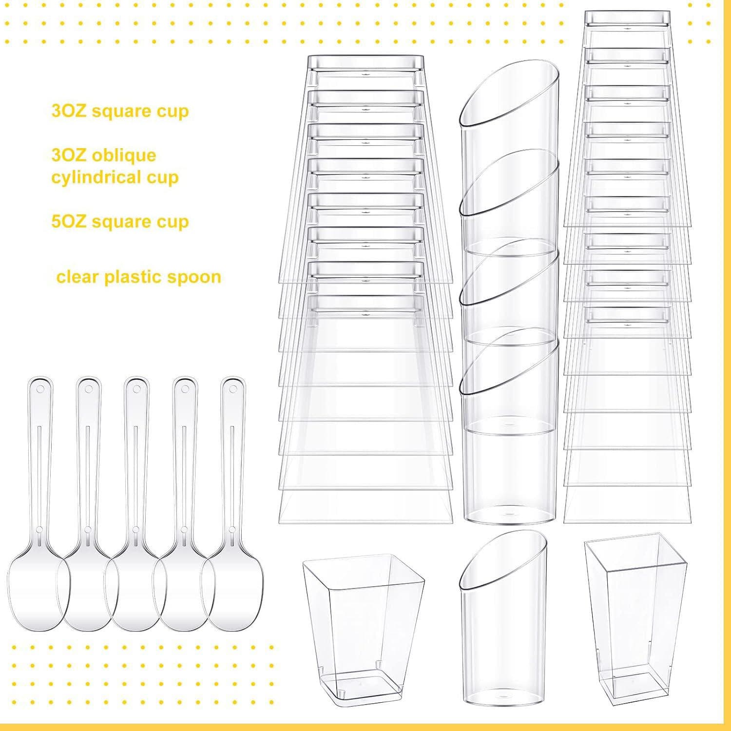 Disposable transparent plastic appetizer cups, tilted round, tall, heart-shaped, and square transparent parfait mini dessert cups with spoons.