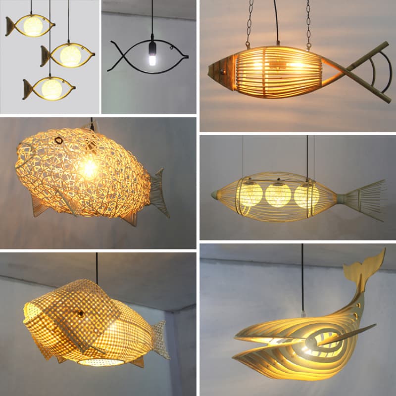 Bamboo fish-shaped chandelier pastoral creative carp lamp restaurant hot pot grilled fish shop B&B tea room Japanese-style wood art rattan lamp