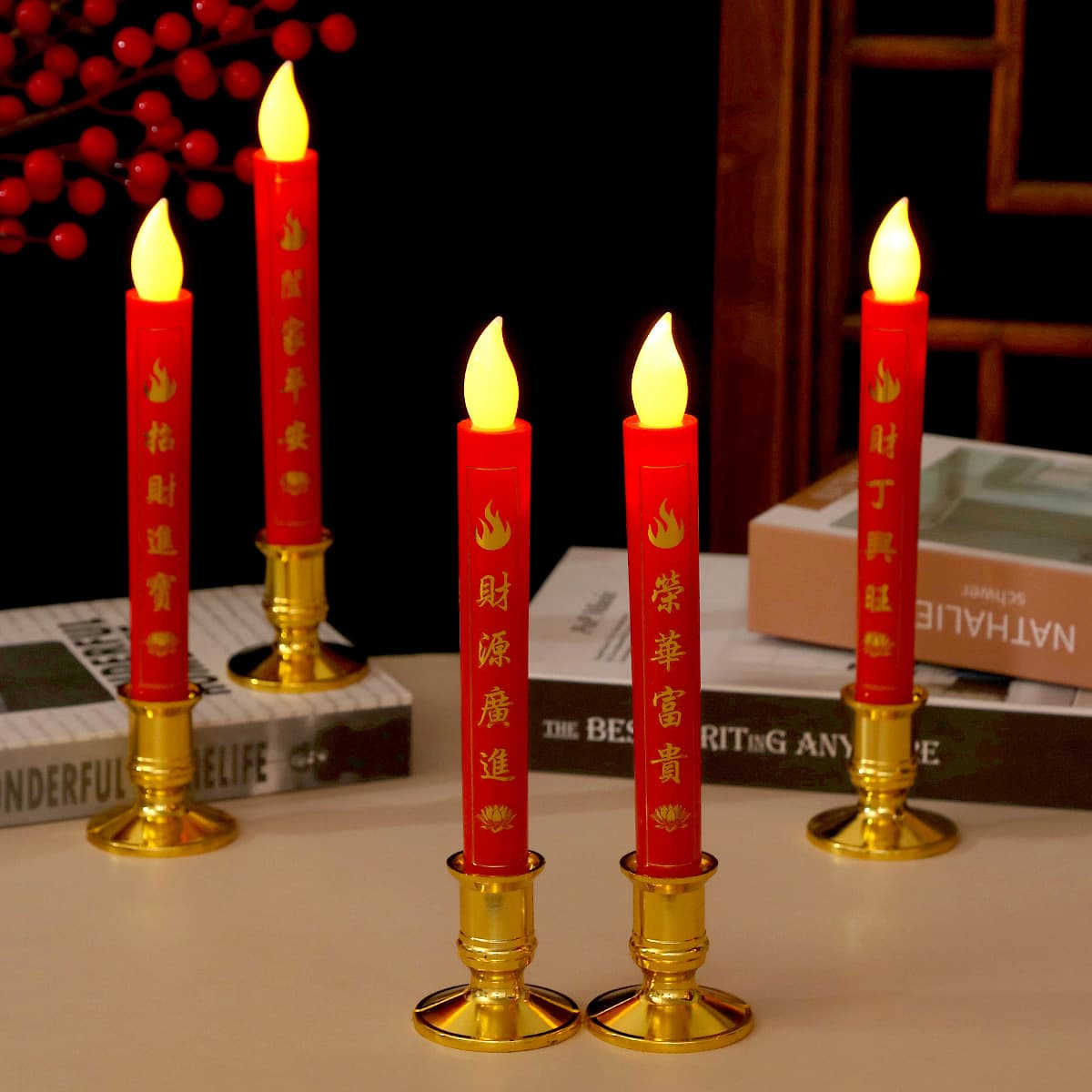 LED Electronic Candle with Text, for Buddha Offering, Wealth God, Housewarming, Battery-Operated Simulation Long-Burning Candle, Red, New Home Use