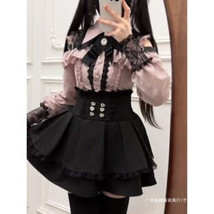 Summer School Style Japanese Ruffled Shoulder Blouse + Waist-Nipping Ruffled Semi-Fitted Skirt Set Patchwork