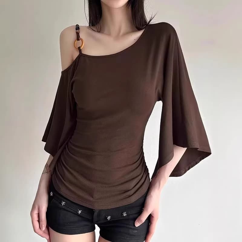 New Women's Short-Sleeve T-Shirt, American Retro Off-Shoulder Fashion, Slim-Fitting, Flattering, Solid Color, Versatile Outerwear Top