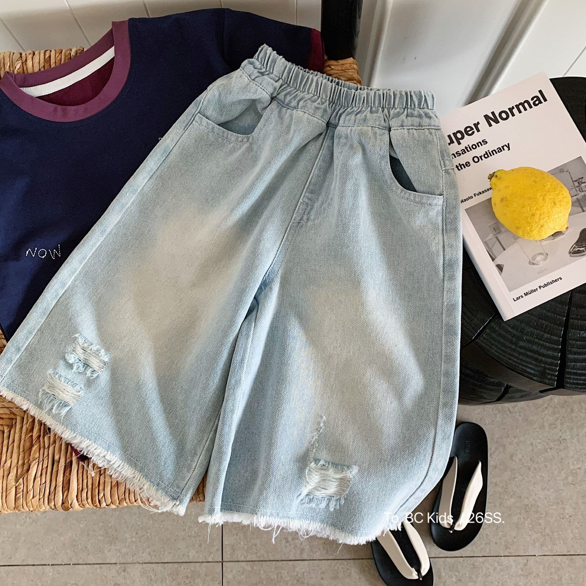 Bangcheng Kids Jeans 2026 Summer Thin Style Boys Girls Ripped Raw Hem Capri Pants Baby Loose Straight Leg Pants