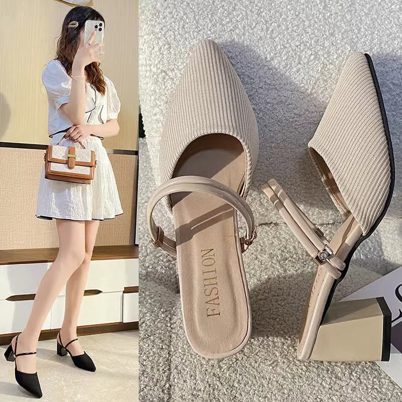 Pointed Toe Closed Toe Mid Chunky Heel Slide Sandals Women Summer 2024 New Breathable Fabric Outdoor Wear
