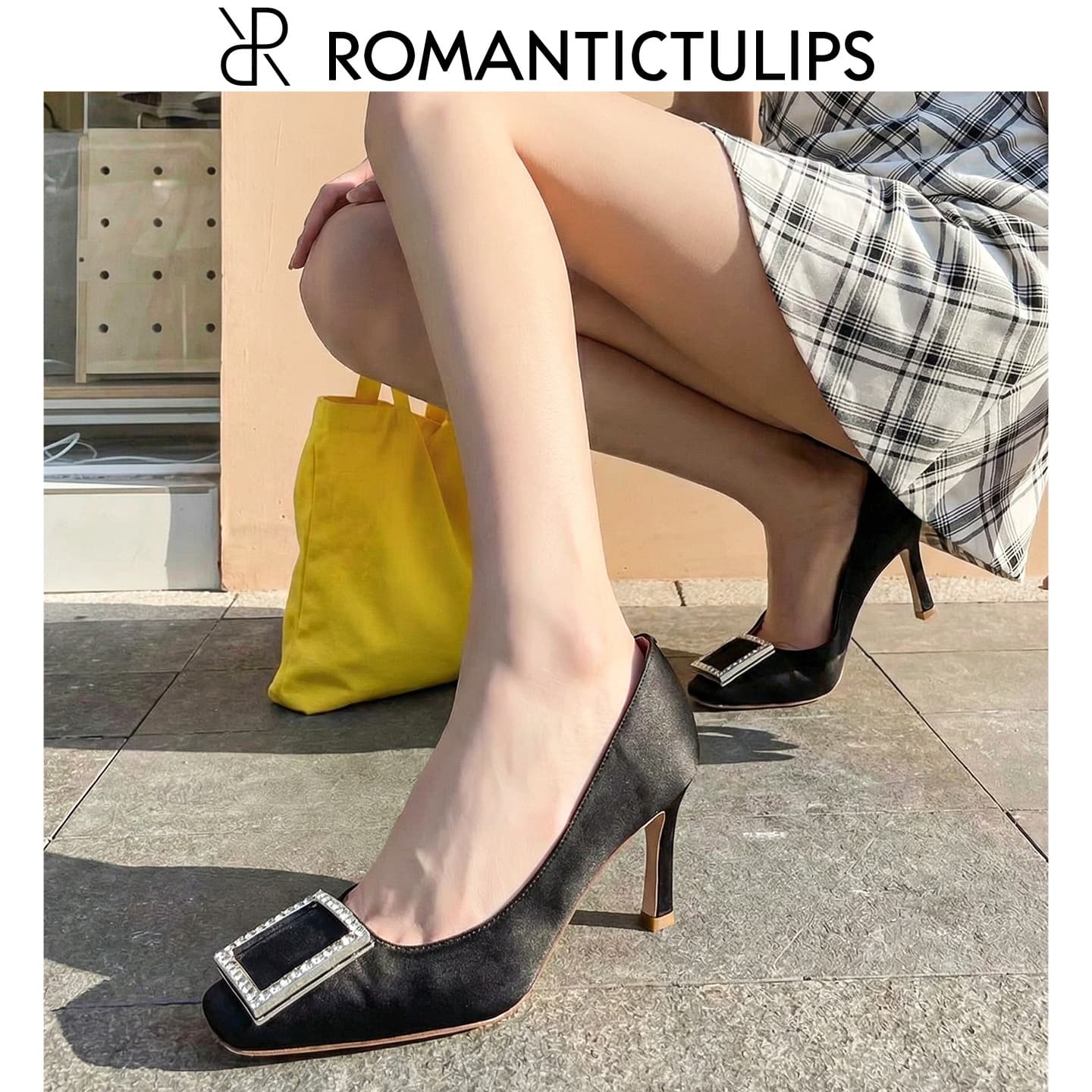 Rhinestone square buckle black high heels professional shoes commuting shoes simple temperament versatile square toe stiletto women's shoes